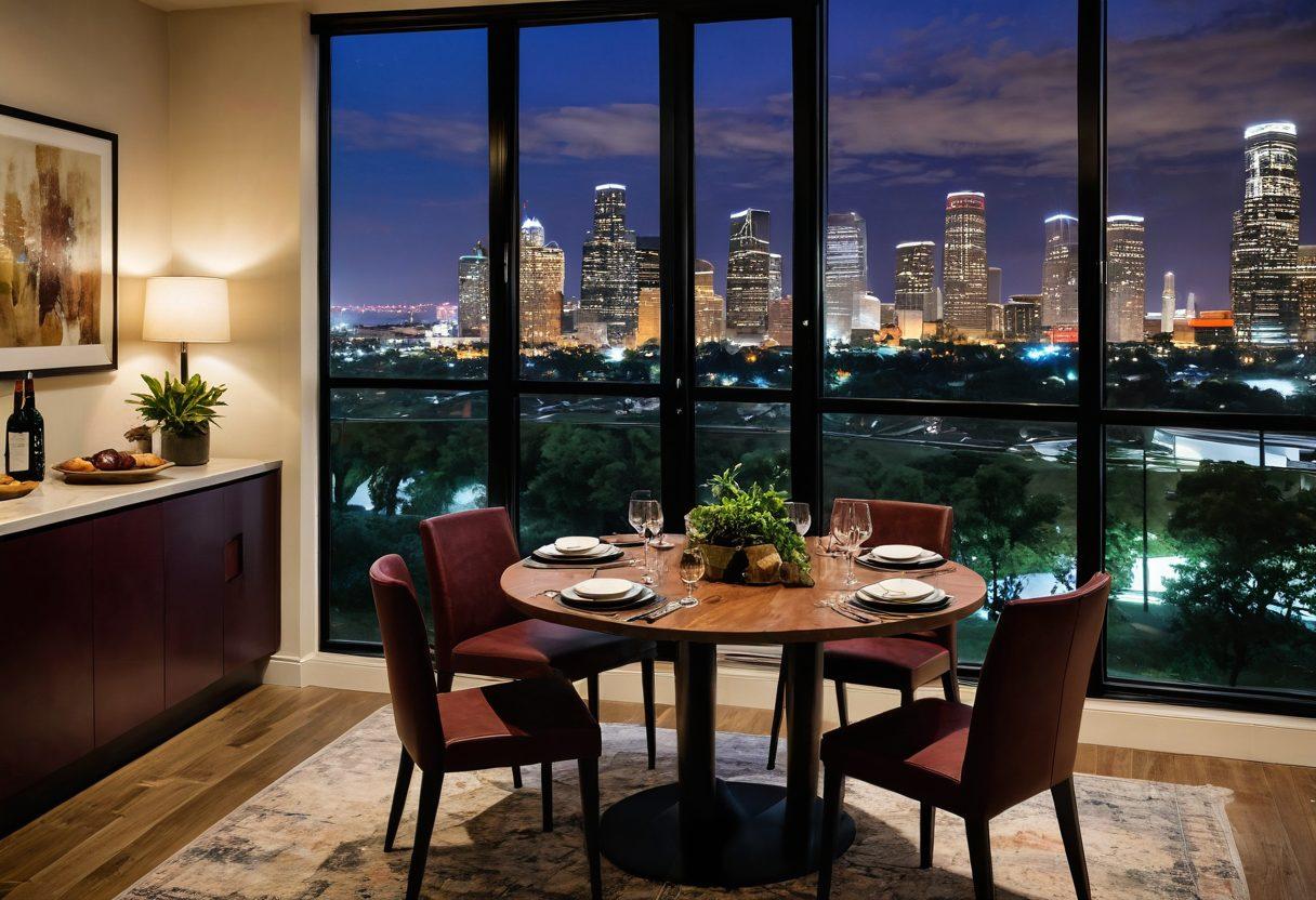 A cozy, modern apartment setting in Houston, featuring a beautifully set dining table with elegant wine glasses and an array of delicious food pairings like cheese and charcuterie. Include warm lighting with a view of the Houston skyline through a window, showcasing urban life. Infuse elements of a relaxed ambiance with plants and art on the walls, capturing the essence of home and sophistication. super-realistic. vibrant colors. warm tones.