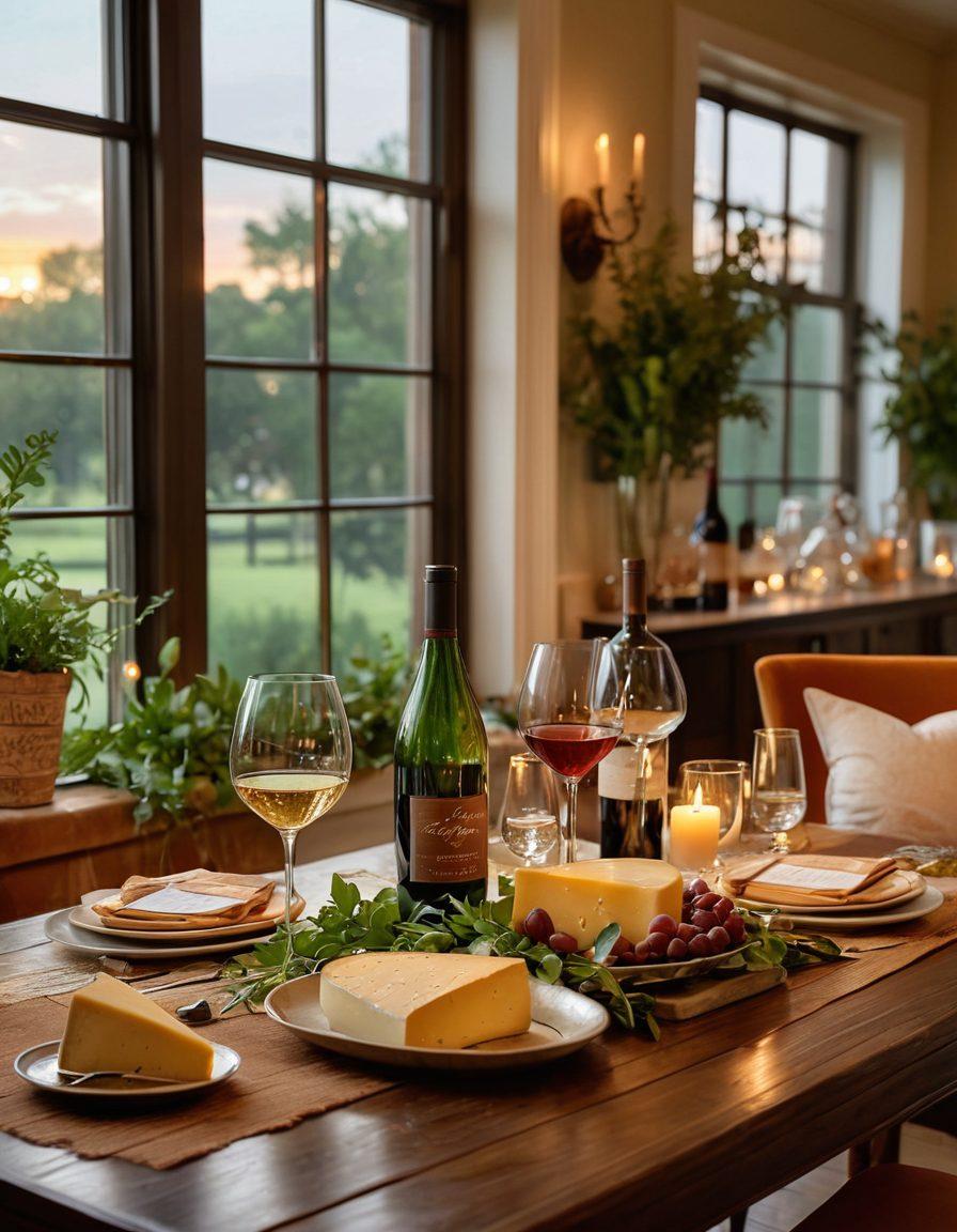 A cozy apartment setting featuring a chic dining table beautifully set with a selection of exquisite Texas wines in elegant bottles, shimmering glassware, and a delicious cheese platter. In the background, large windows reveal a stunning Texas sunset, casting a warm glow. Decorated with lush green plants and tasteful artwork, the overall ambiance exudes sophistication and comfort. super-realistic. warm colors. soft lighting.
