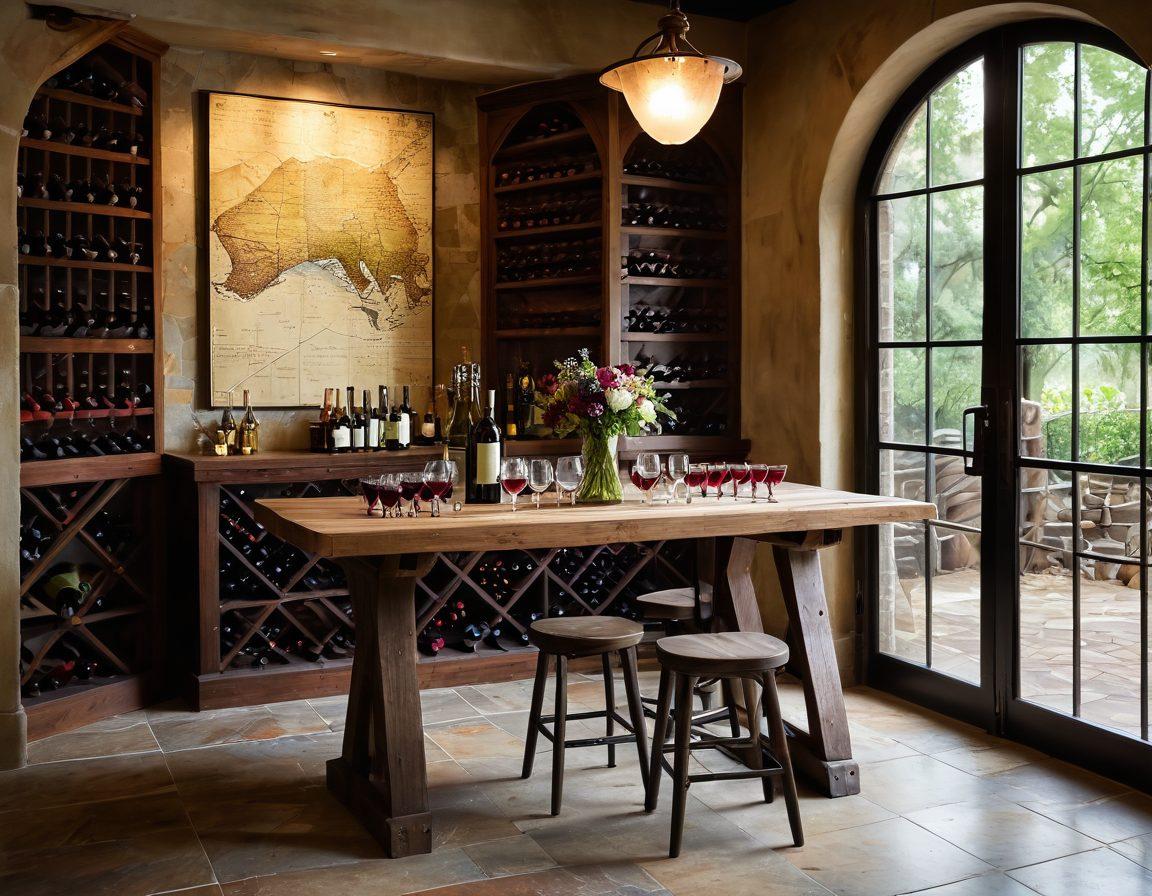 A captivating wine cellar filled with a diverse array of wine bottles, showcasing varietals and vintage selections. Include a rustic wooden table with wine glasses, a map of Houston subtly in the background, and grapes scattered around. Natural light filtering through large windows enhances the ambiance. A wine tasting setup complete with a bouquet of fresh flowers. super-realistic. warm tones. soft focus.